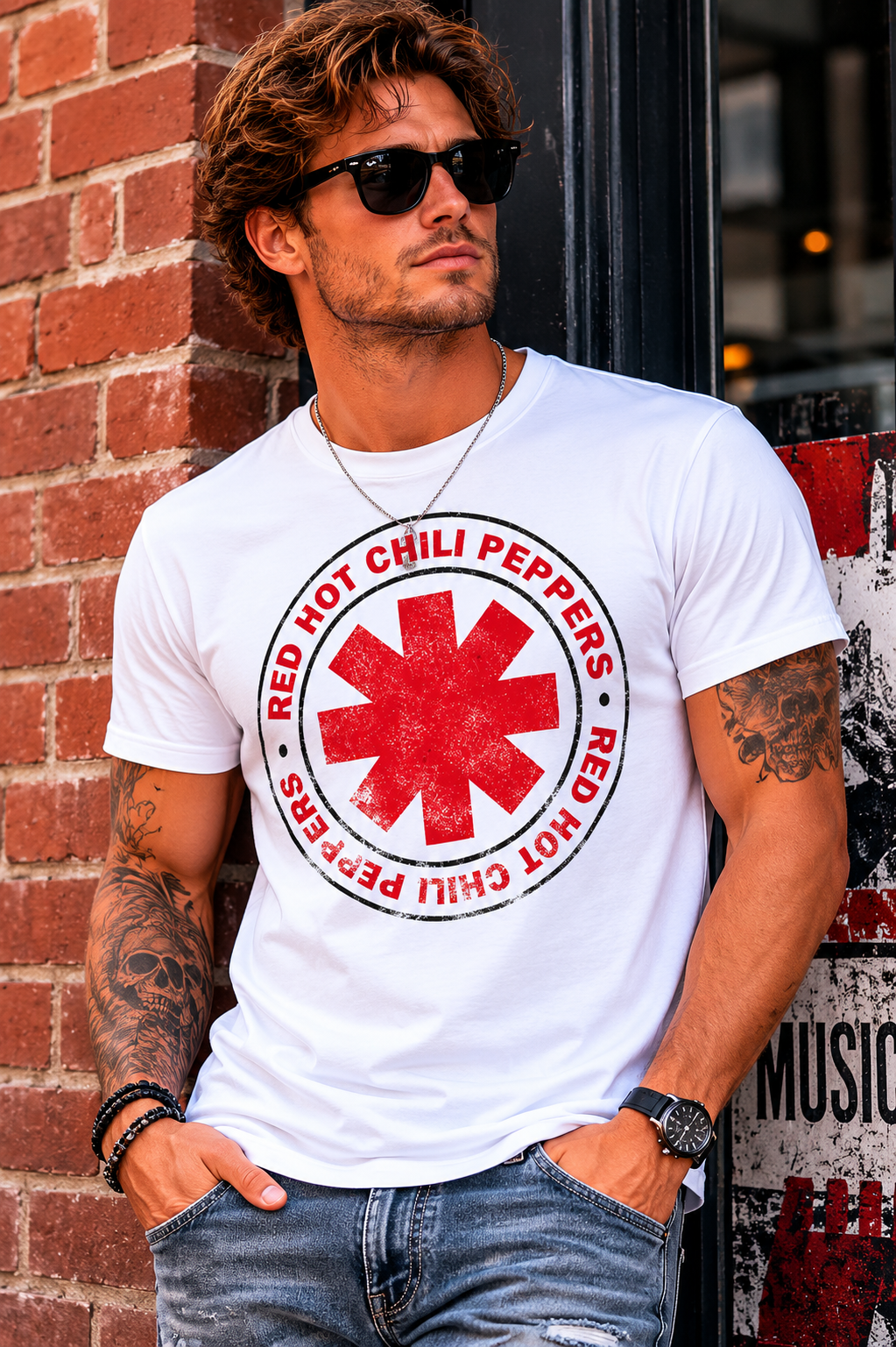 Male model wearing a Red Hot Chili Peppers Distressed Asterisk Logo White T-Shirt featuring the band's iconic red star emblem in a modern urban lifestyle setting.