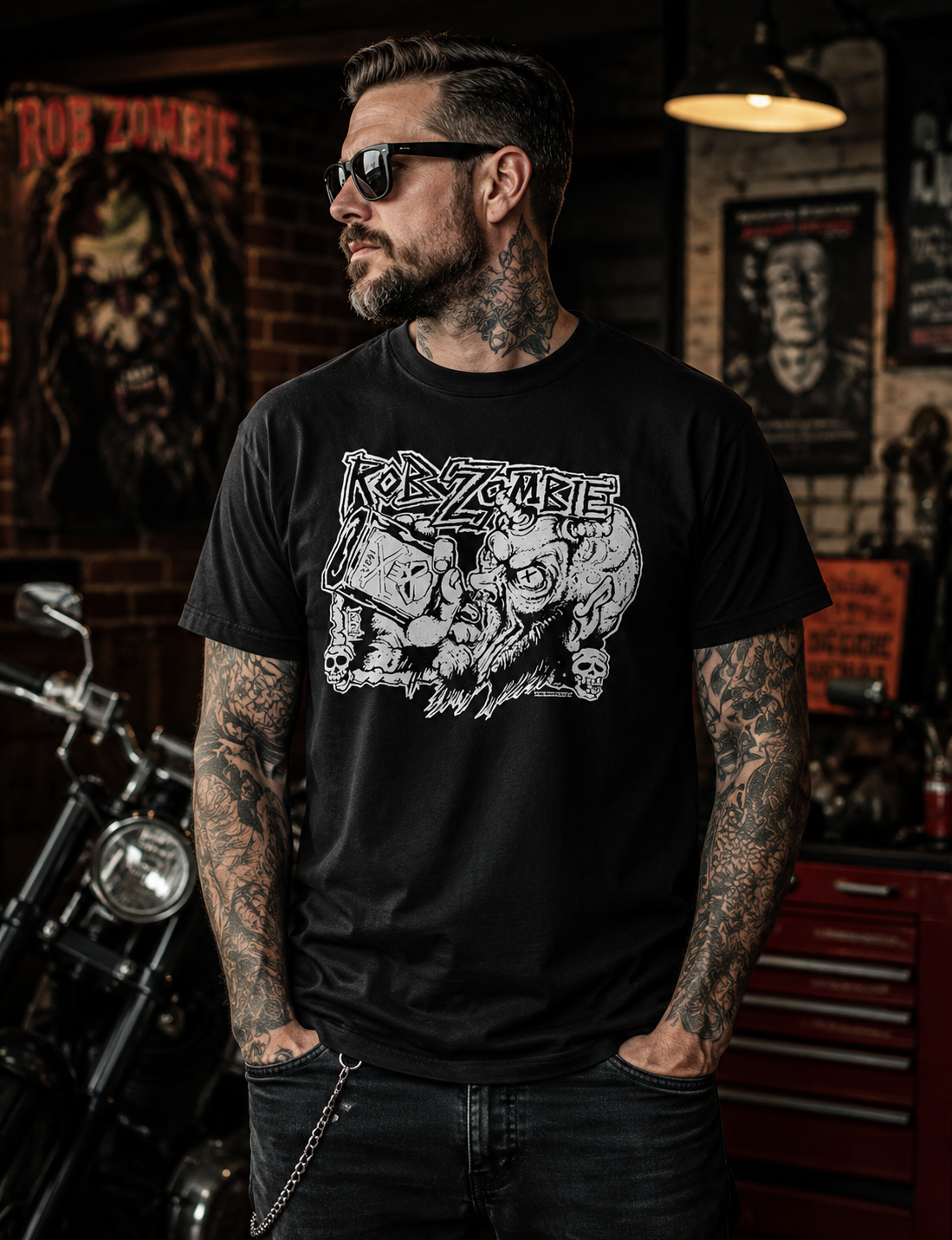 Male model wearing an official Rob Zombie Drinking from Bottle T-Shirt in a motorcycle garage setting featuring horror-inspired rock band artwork and vintage graphic design