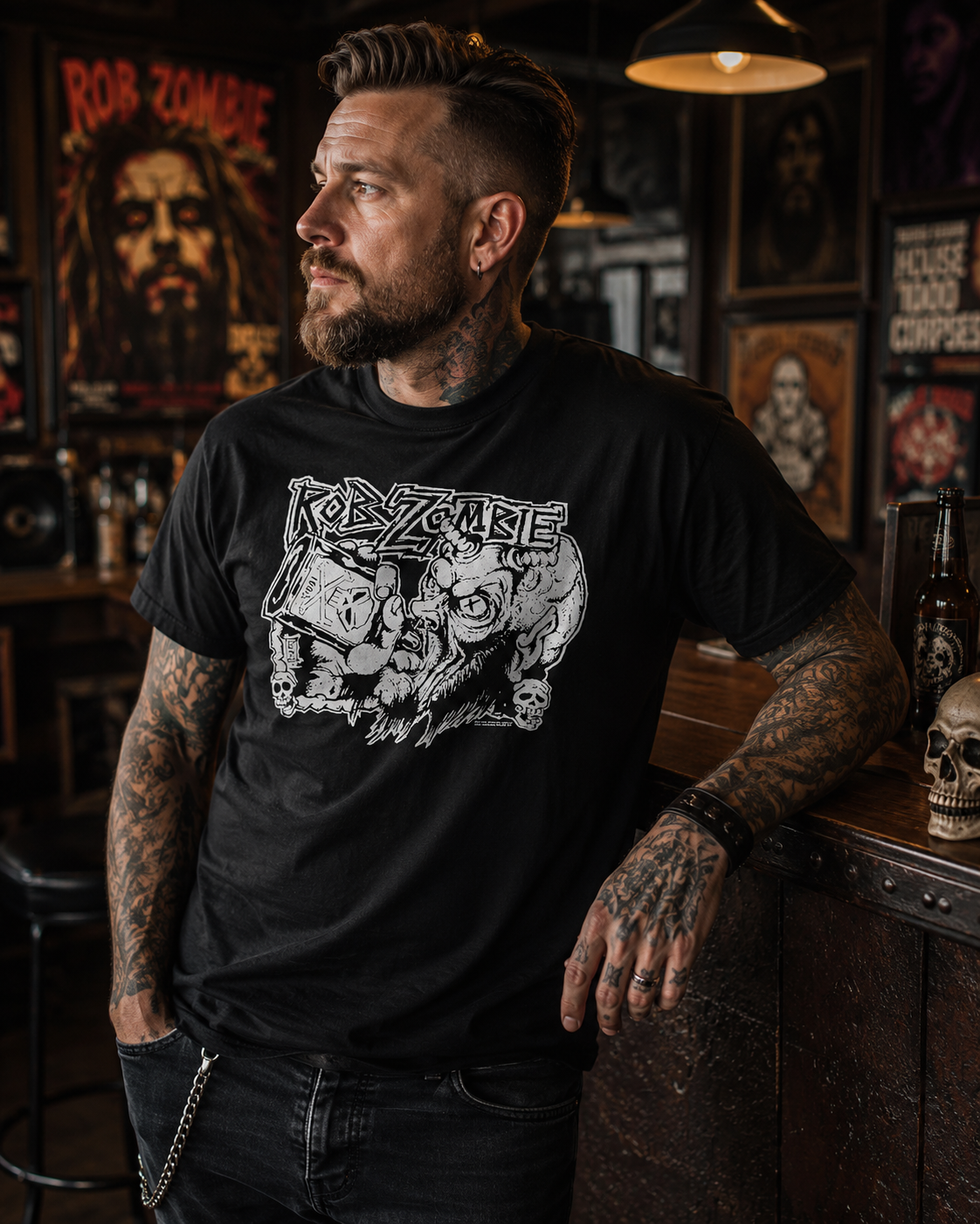 Male model wearing an official Rob Zombie Drinking from Bottle T-Shirt in a rock-themed bar featuring horror-inspired artwork, gothic decor, and classic shock rock style