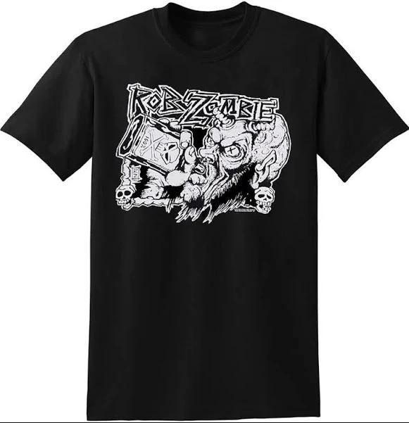 Rob Zombie Drinking from Bottle T-Shirt featuring black and white horror-inspired artwork and official Rob Zombie logo on a black graphic tee