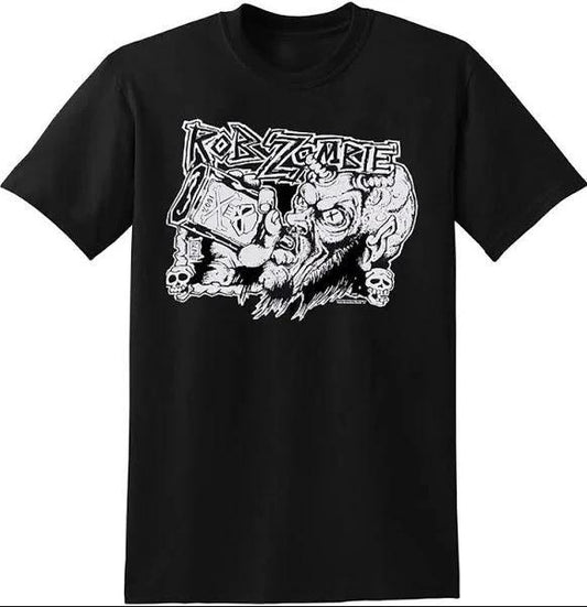 Rob Zombie Drinking from Bottle T-Shirt featuring black and white horror-inspired artwork and official Rob Zombie logo on a black graphic tee