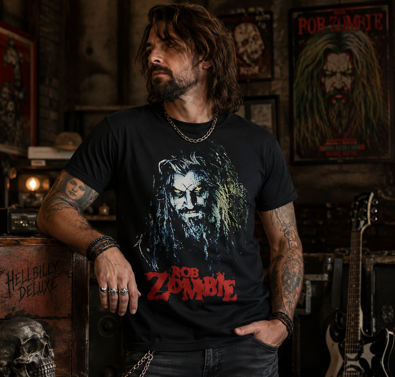 Male model wearing a Rob Zombie Hellbilly T-Shirt in a dark horror-inspired rock music setting featuring gothic decor, skulls, and vintage concert atmosphere.