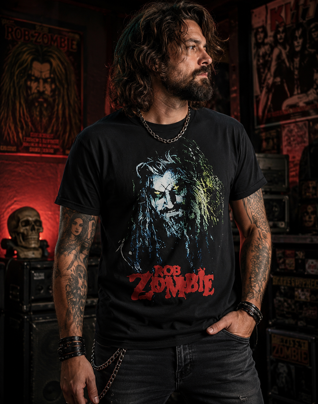 Male model wearing a Rob Zombie Hellbilly T-Shirt in a dark rock music studio setting with horror-inspired decor, concert posters, and gothic atmosphere.
