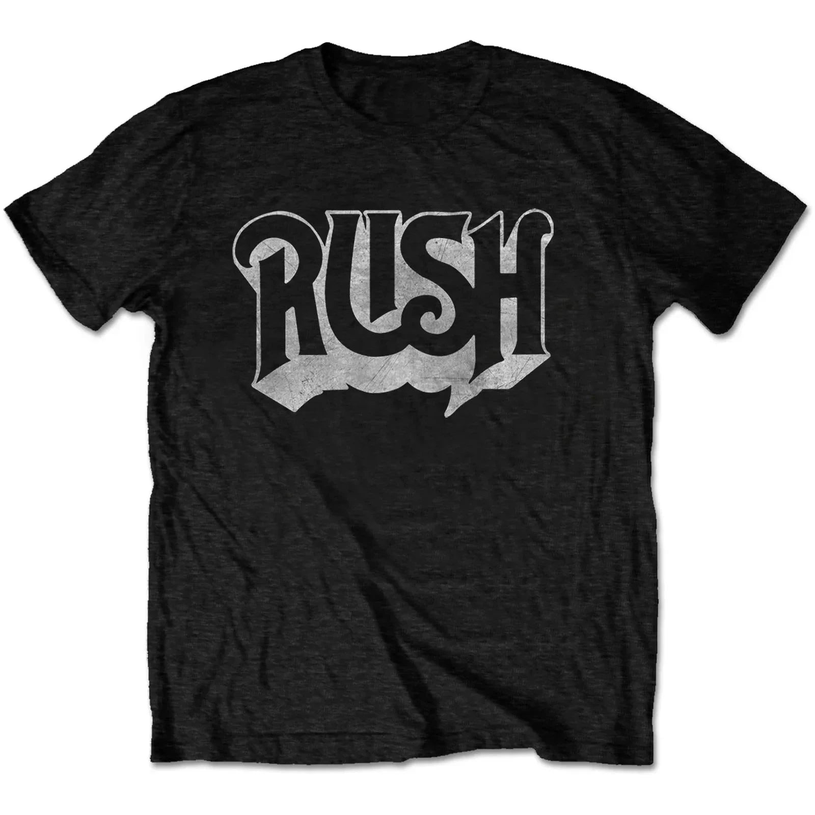 Rush logo t-shirt featuring classic band logo design on black vintage style rock band tee front view