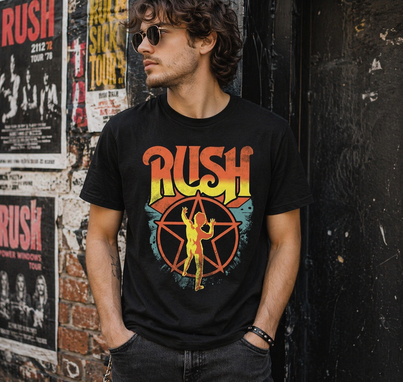 male model wearing Rush Starman 2112 logo t shirt black classic rock band tee lifestyle image