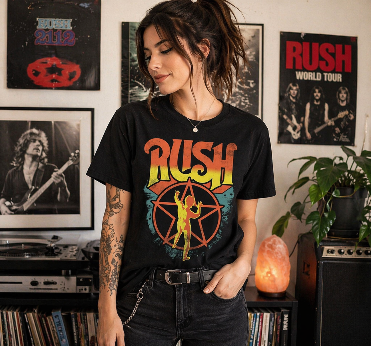 female model wearing Rush Starman 2112 logo t shirt black classic rock band tee lifestyle image