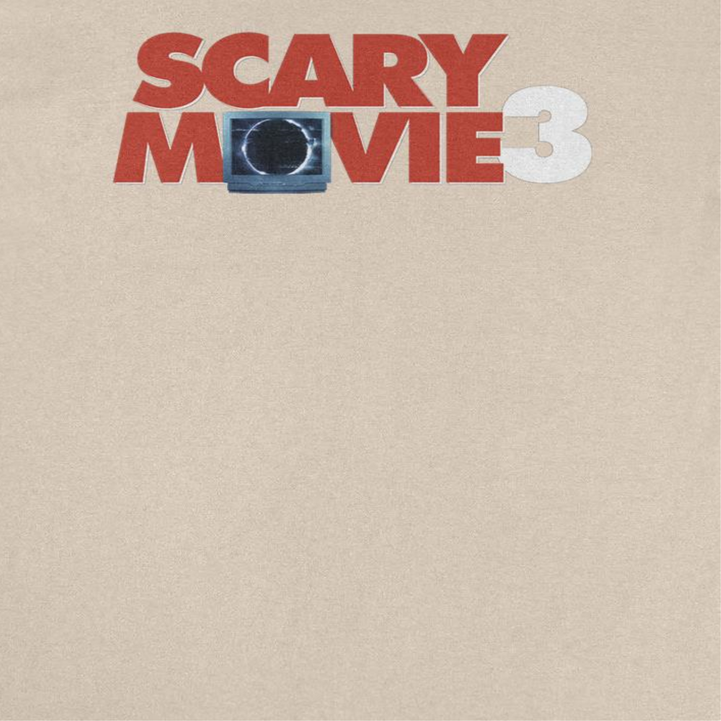 Close-up of Scary Movie 3 Logo Sand T-Shirt featuring red and white horror comedy movie artwork