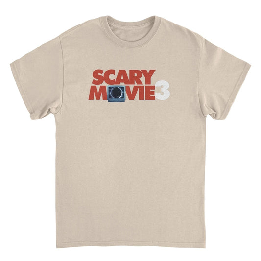 Shop the Scary Movie 3 Logo Sand T-Shirt featuring bold horror comedy logo artwork, 2000s parody movie style, and classic Scary Movie nostalgia.