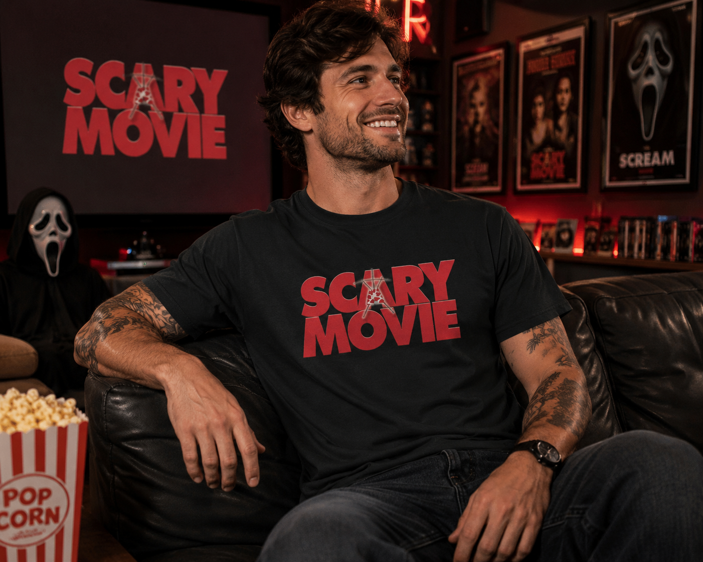 Male model wearing Scary Movie Logo black t-shirt in home theater setting with horror movie decor
