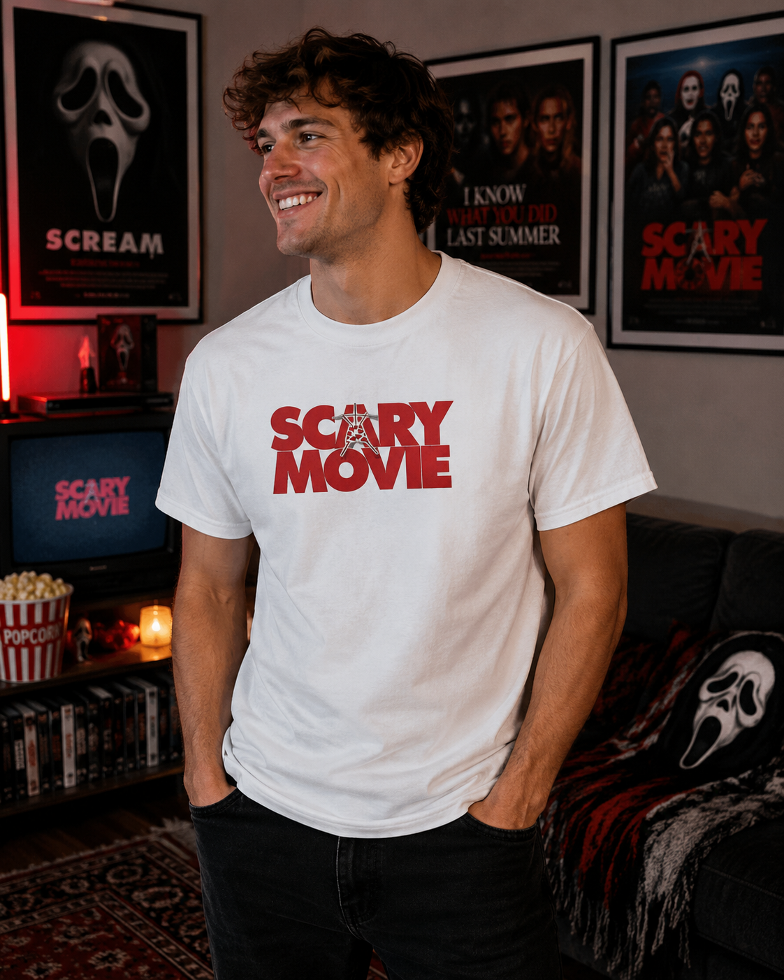 Male model wearing Scary Movie Logo White T-Shirt in a horror movie room setting