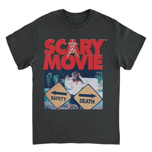 Scary Movie Paths Black T-Shirt with horror comedy graphic design