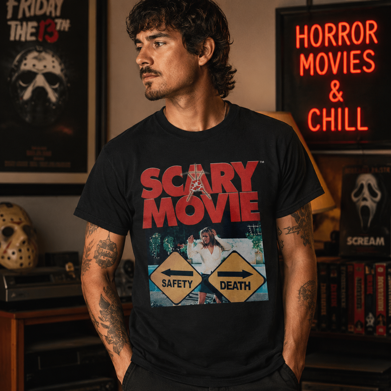 Male model wearing Scary Movie Paths Black T-Shirt in horror movie room setting