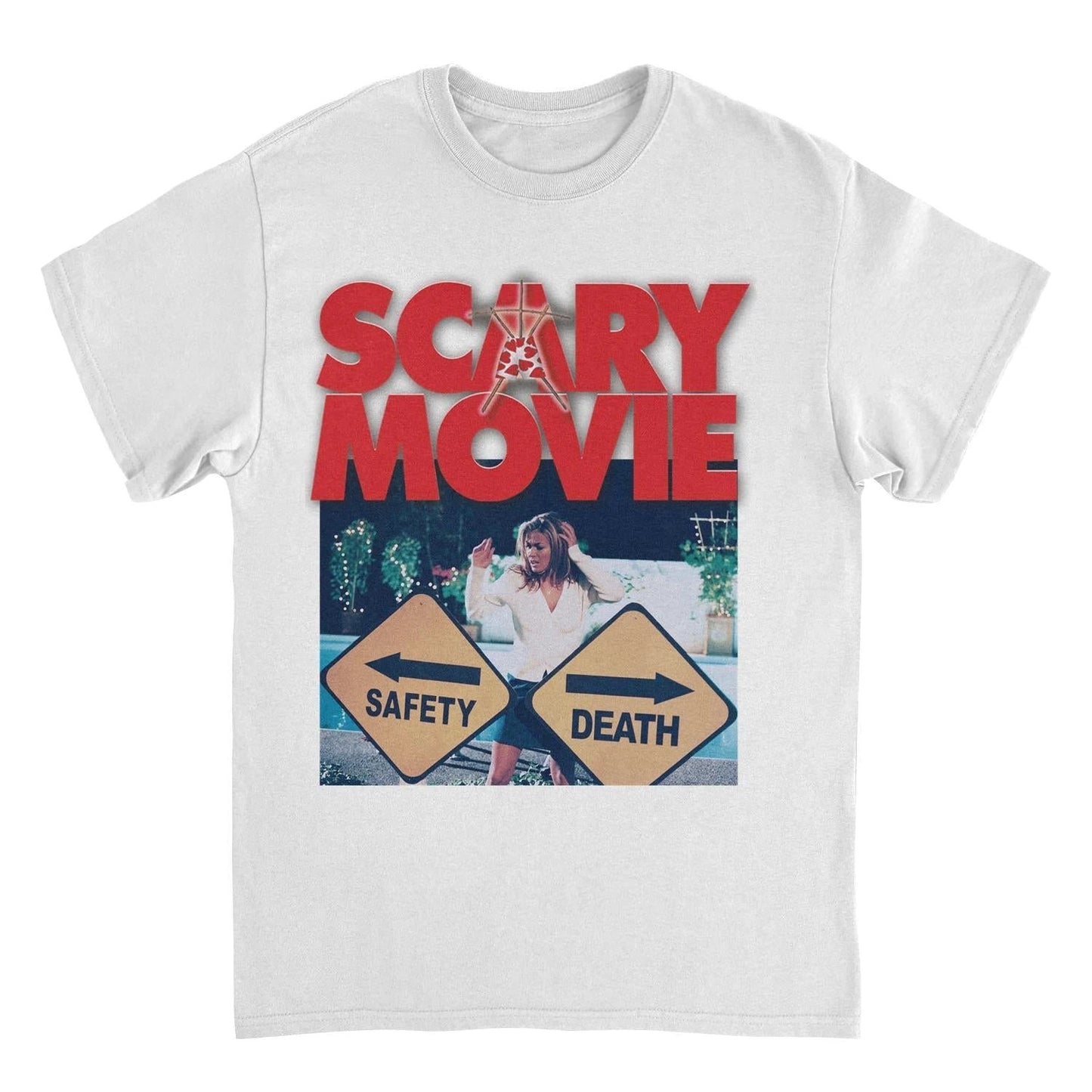 Scary Movie Paths White T-Shirt with horror comedy graphic design
