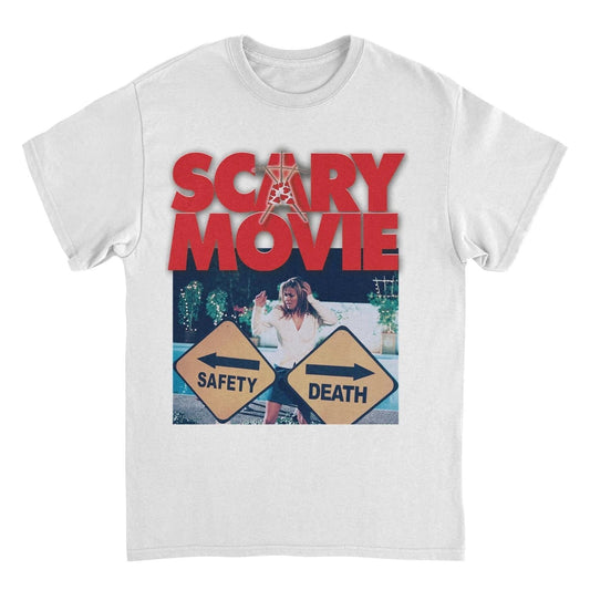 Scary Movie Paths White T-Shirt with horror comedy graphic design