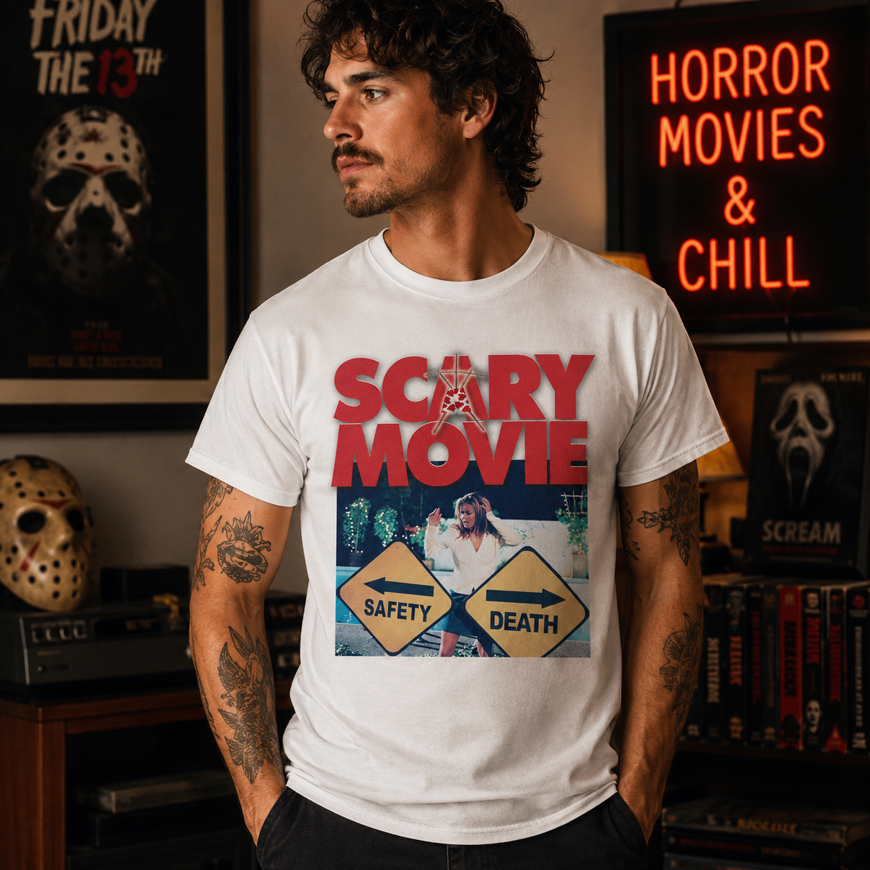 Male model wearing Scary Movie Paths White T-Shirt in horror movie room setting