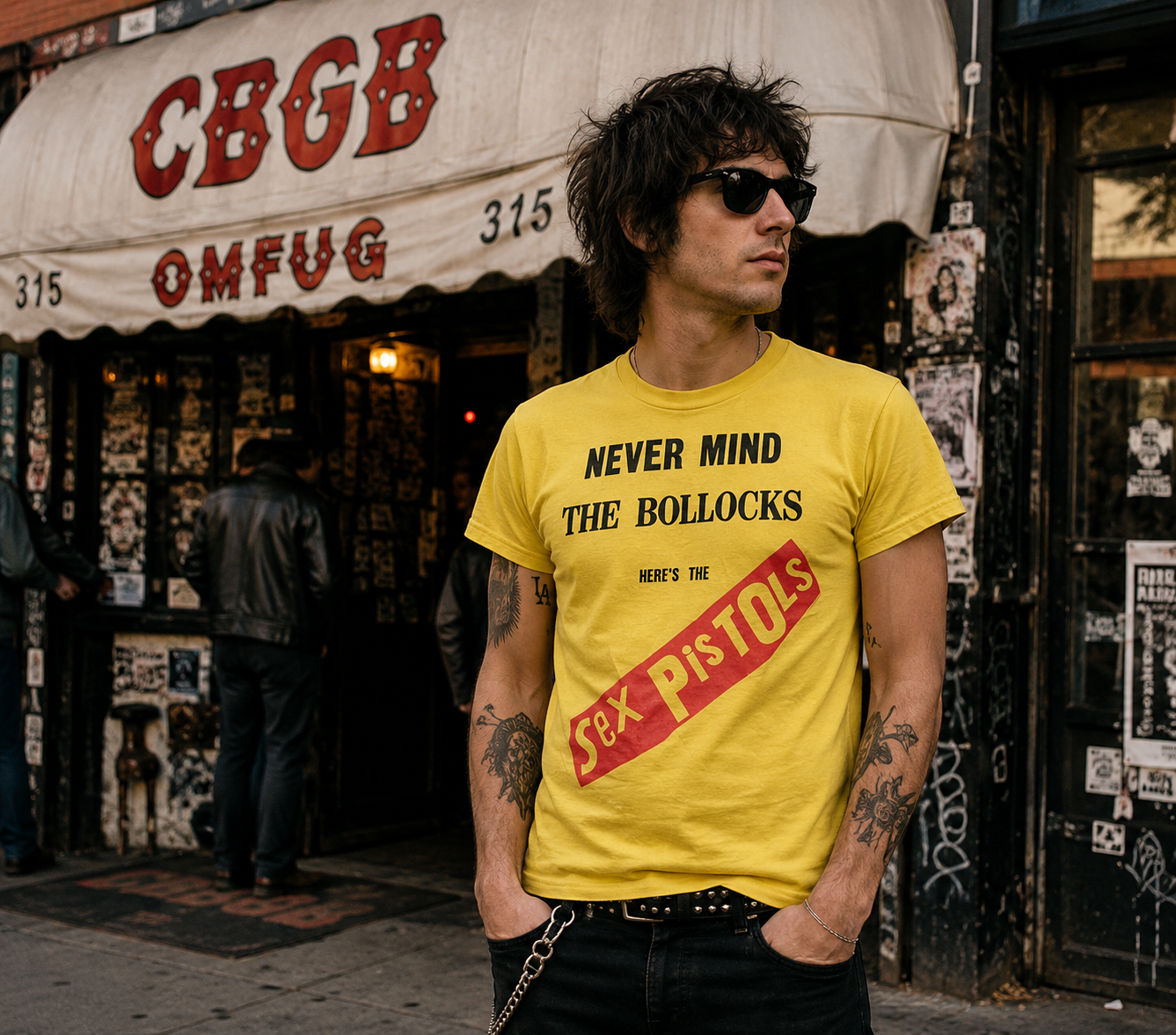 Male model wearing a yellow Sex Pistols Never Mind The Bollocks T-shirt standing outside a vintage punk rock club inspired by CBGB, showcasing classic British punk style and iconic album artwork.