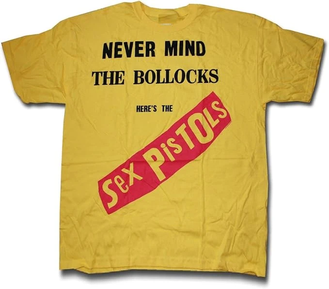 Yellow t-shirt with black and red text featuring 'Sex Pistols' on a yellow background