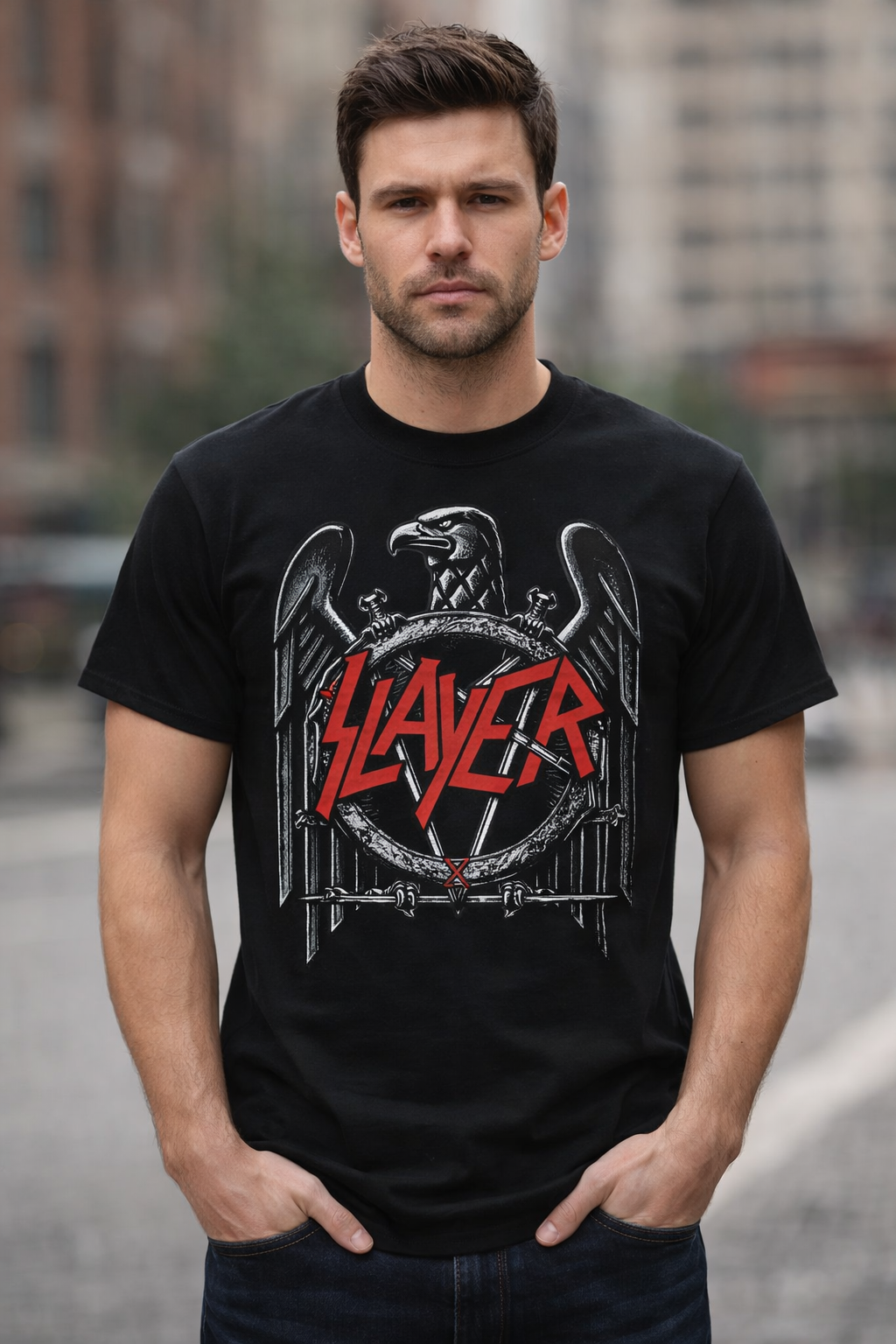 Slayer black eagle t-shirt worn by male model featuring red Slayer logo and classic heavy metal graphic front view