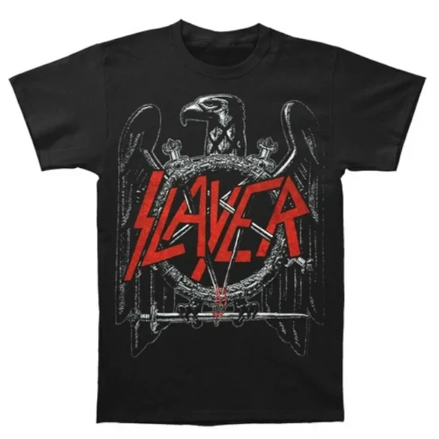 Slayer black eagle t-shirt featuring classic heavy metal band logo with red Slayer text and eagle graphic