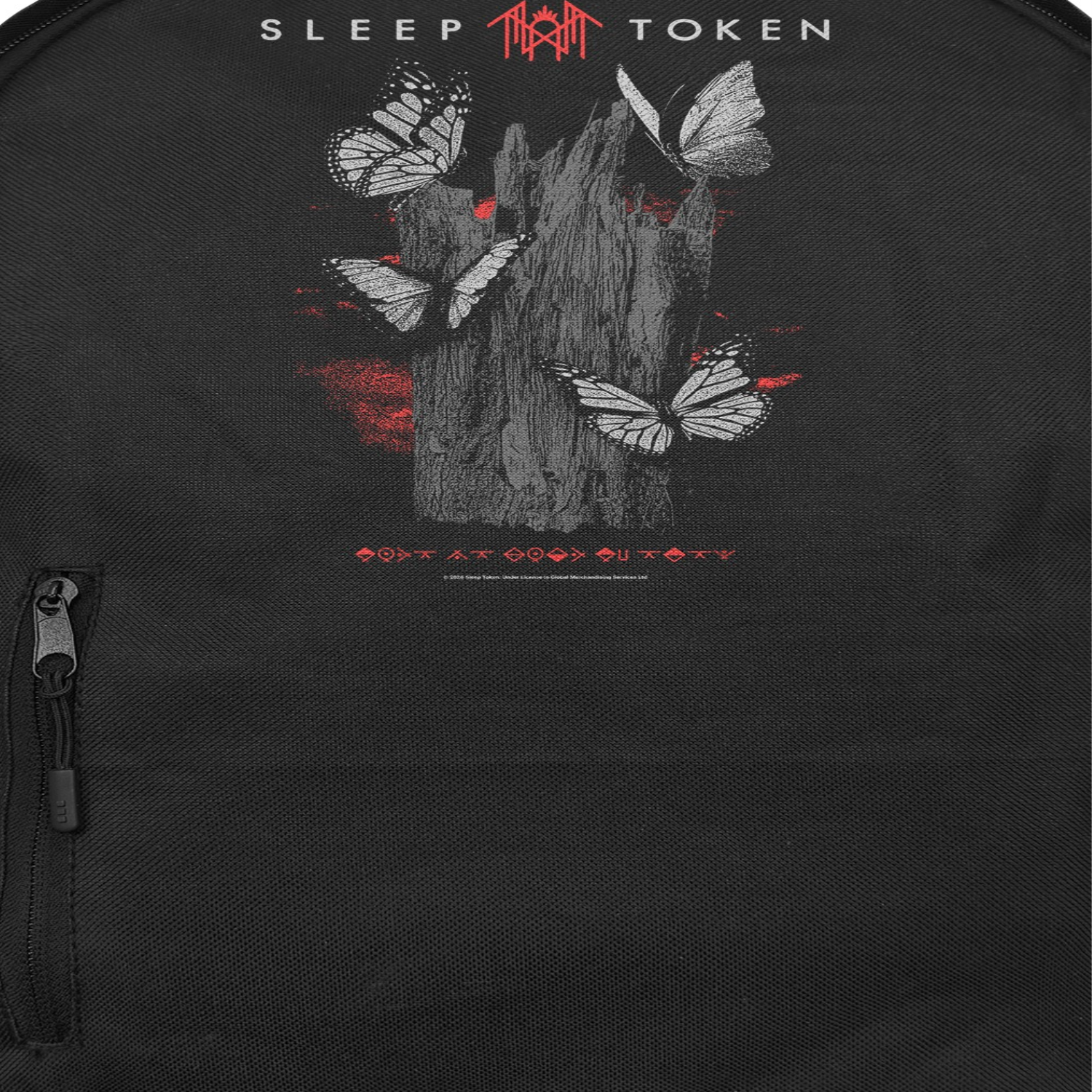 Sleep Token Butterflies backpack close up red black graphic detail band merch