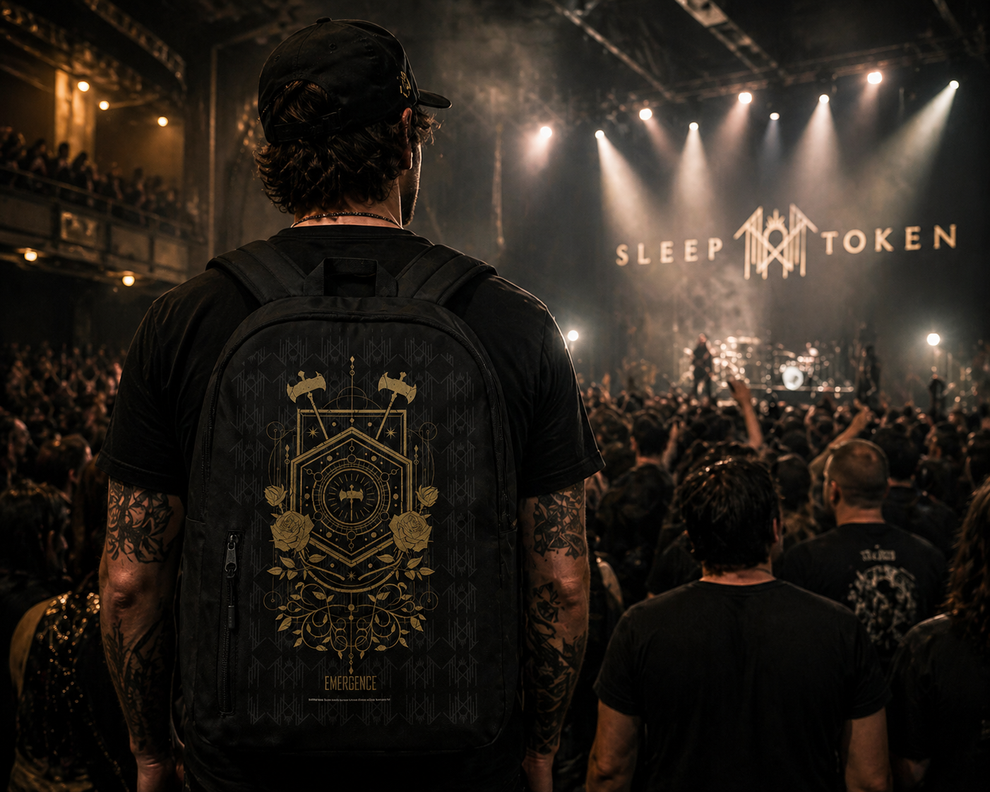 male model wearing Sleep Token Emergence backpack gold symbol at concert band merch