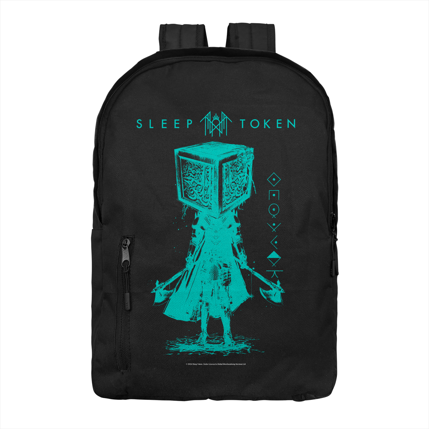 Sleep Token Granite backpack featuring teal geometric figure design on black band merch backpack
