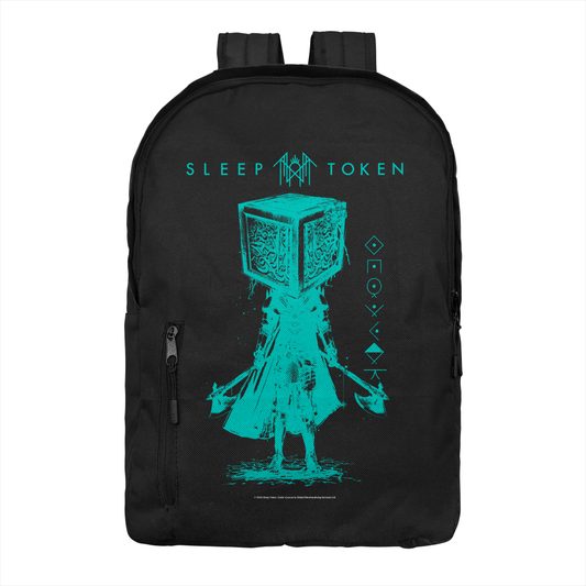 Sleep Token Granite backpack featuring teal geometric figure design on black band merch backpack