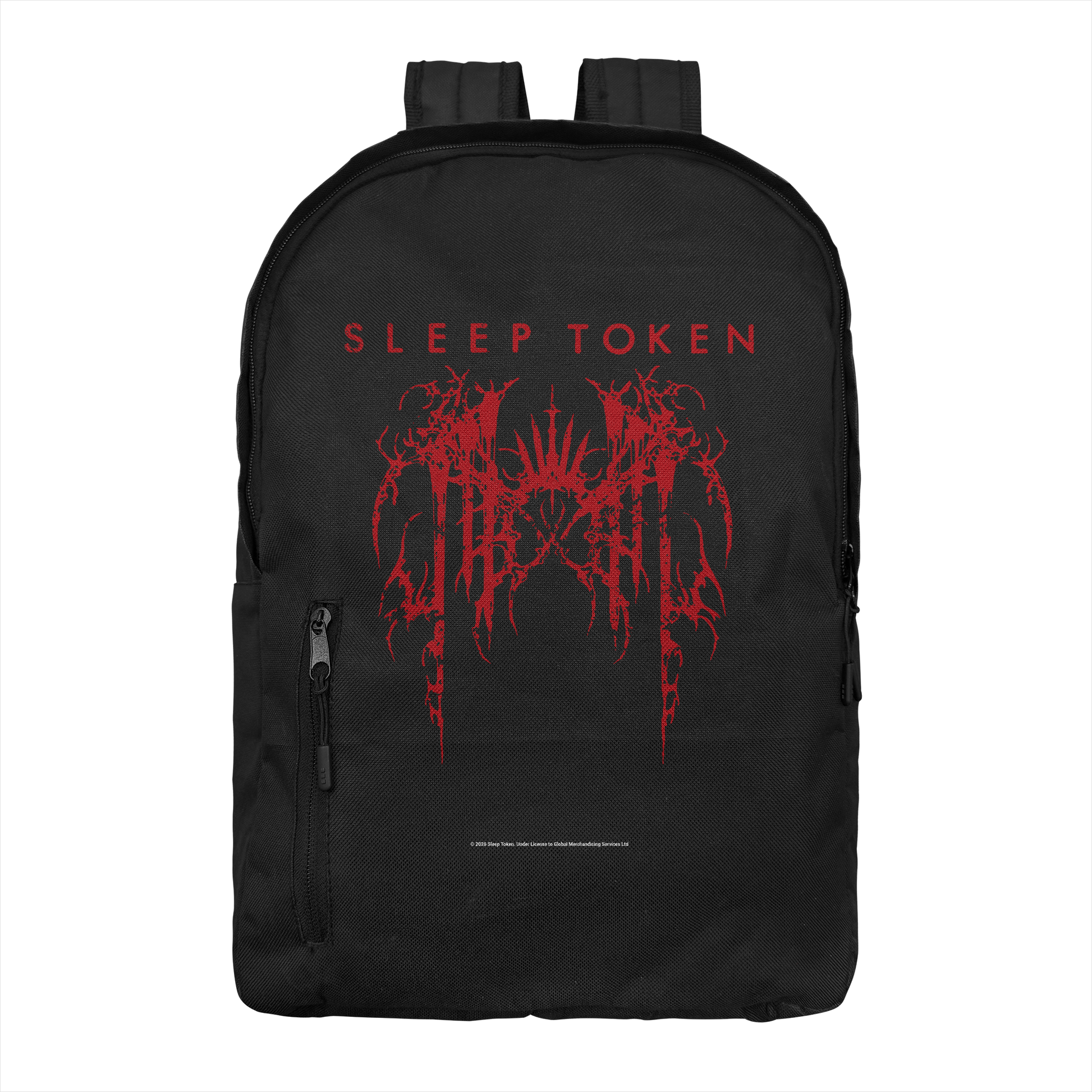 Sleep Token grunge logo backpack with red minimalist design on black officially licensed band merch bag