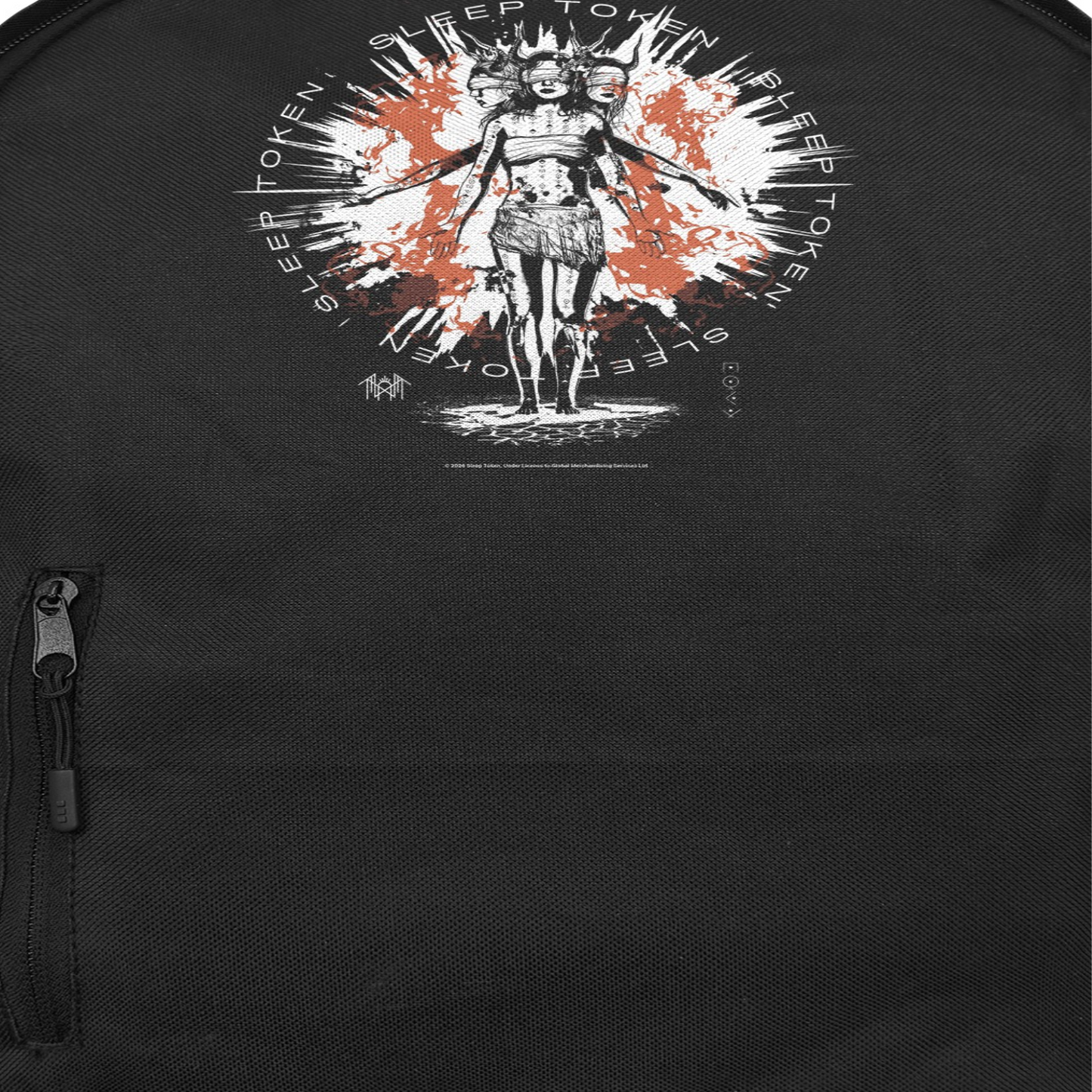 Sleep Token Rain Down backpack close up black fabric with red and white graphic design official band merch detail