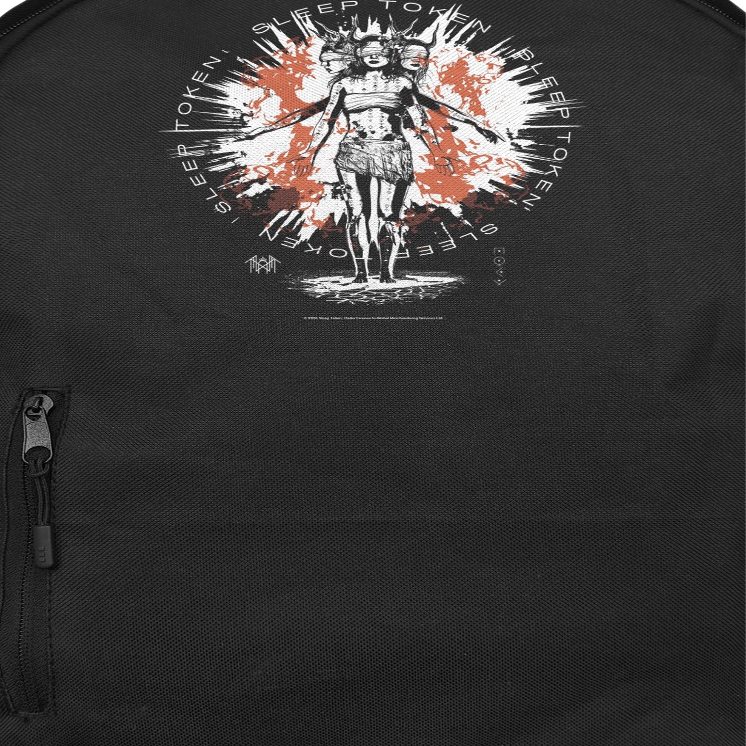 Sleep Token Rain Down backpack close up black fabric with red and white graphic design official band merch detail