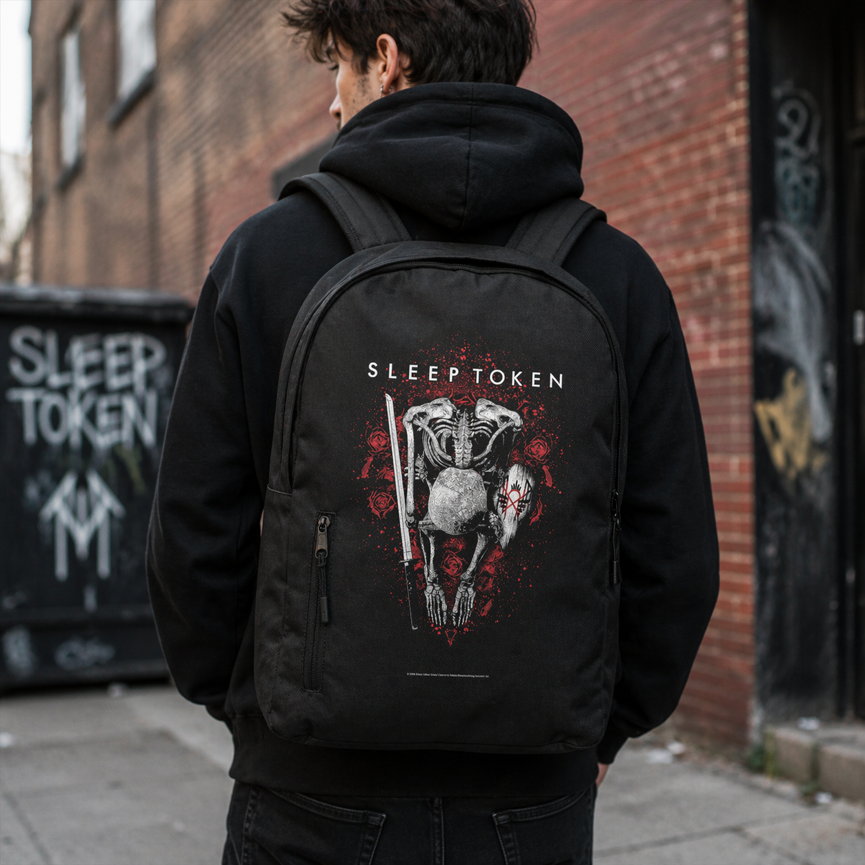 male model wearing Sleep Token The Love You Want backpack lifestyle streetwear rock band backpack