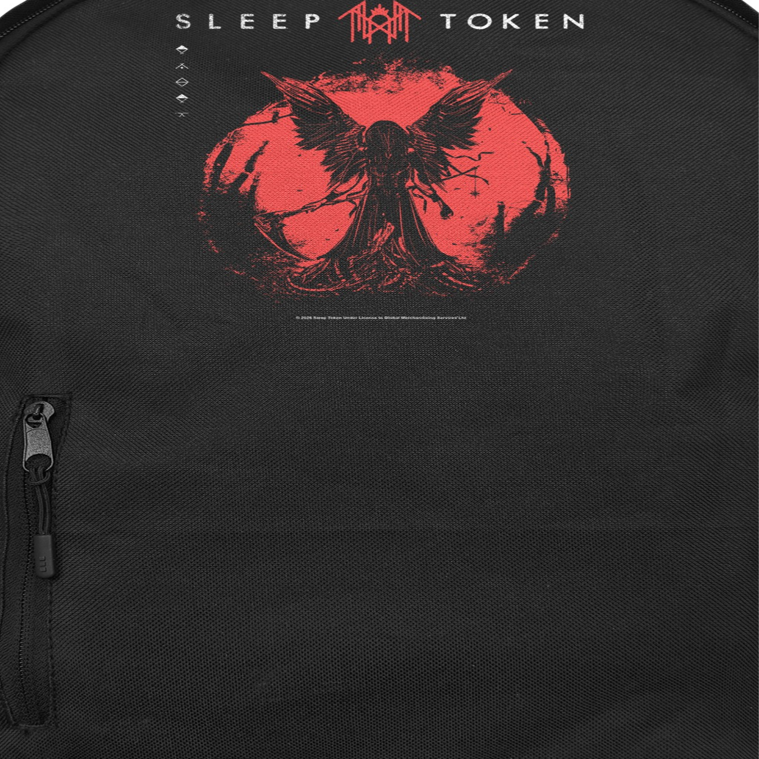 Sleep Token TMBTE backpack close up red symbol angel design band merch detail