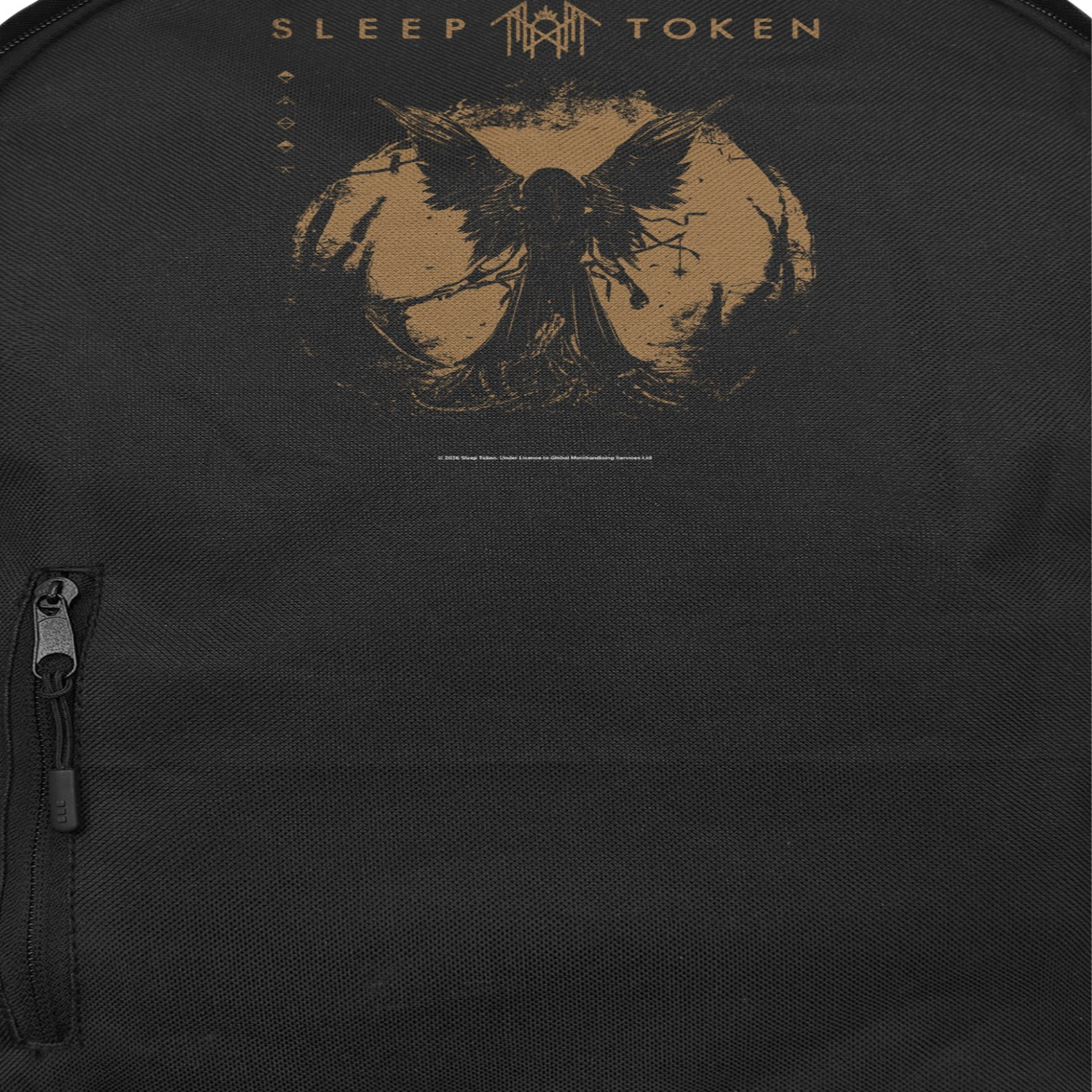 Sleep Token TMBTE gold backpack close up showing dark angel eclipse graphic and logo on black fabric