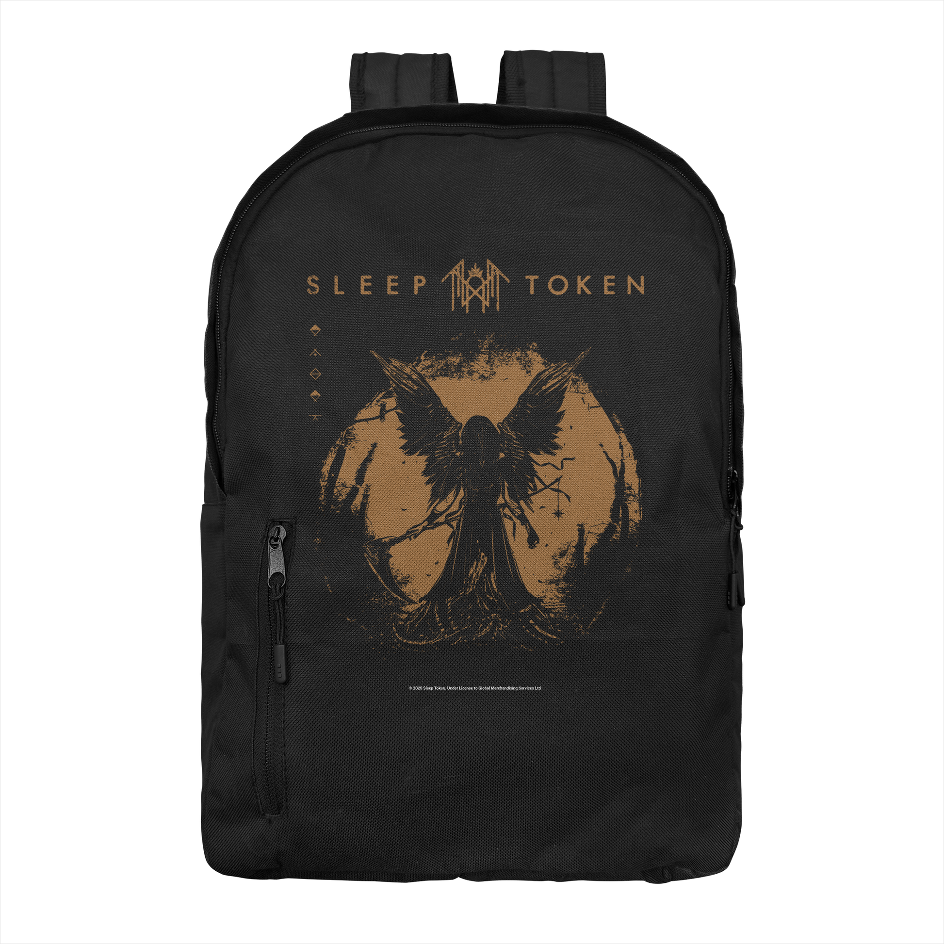 Sleep Token TMBTE gold backpack featuring dark angel eclipse graphic and band logo on black backpack