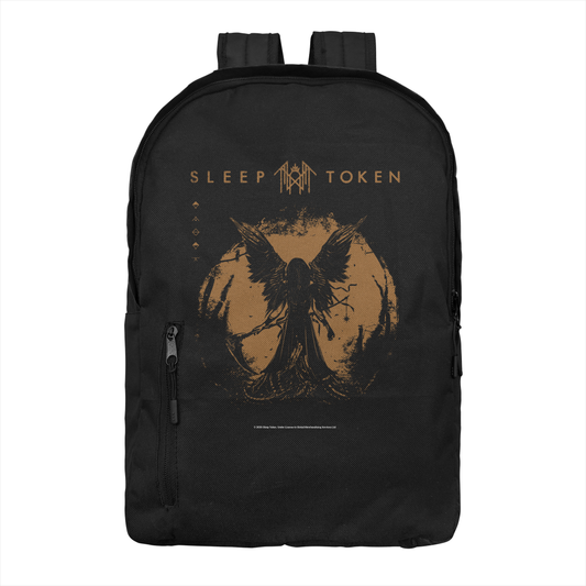 Sleep Token TMBTE gold backpack featuring dark angel eclipse graphic and band logo on black backpack