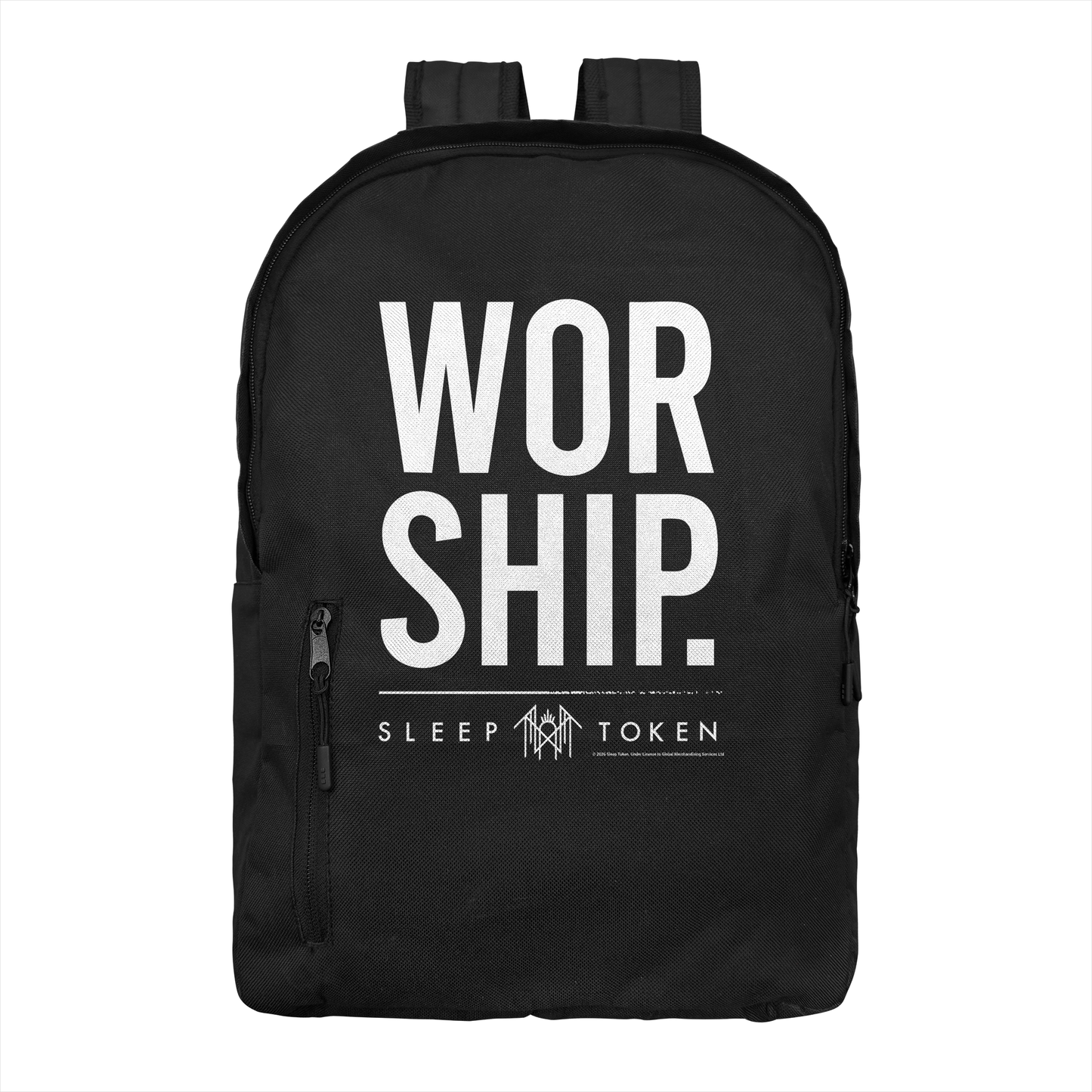 Sleep Token Worship backpack with bold white text design on black officially licensed band merch bag