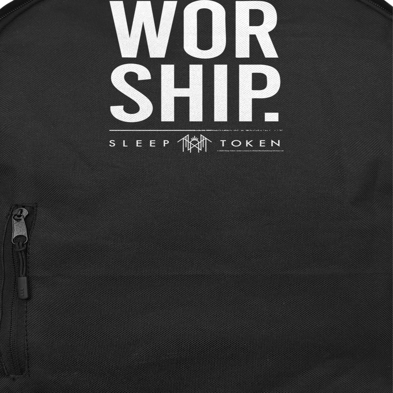 Close-up of Sleep Token Worship backpack showing bold white text design and logo on black official band merch bag