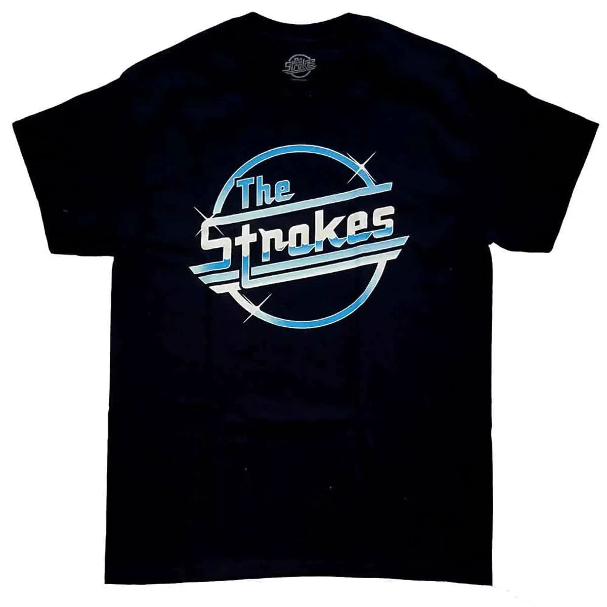 Black t-shirt with 'The Strokes' logo on a white background