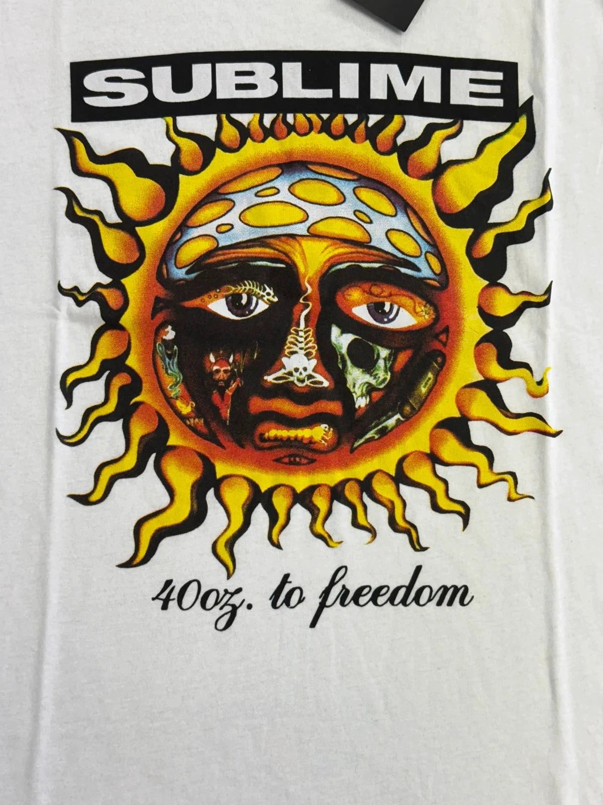 sublime 40oz to freedom sun logo close up on white ringer t shirt reggae punk band design