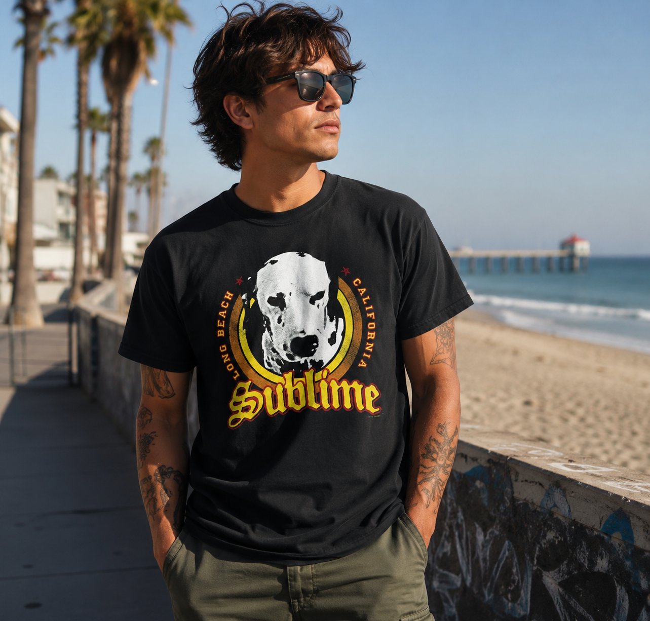 Male model wearing a Sublime Lou Dog T-Shirt by the beach, featuring iconic dalmatian artwork and Long Beach ska punk reggae rock style.