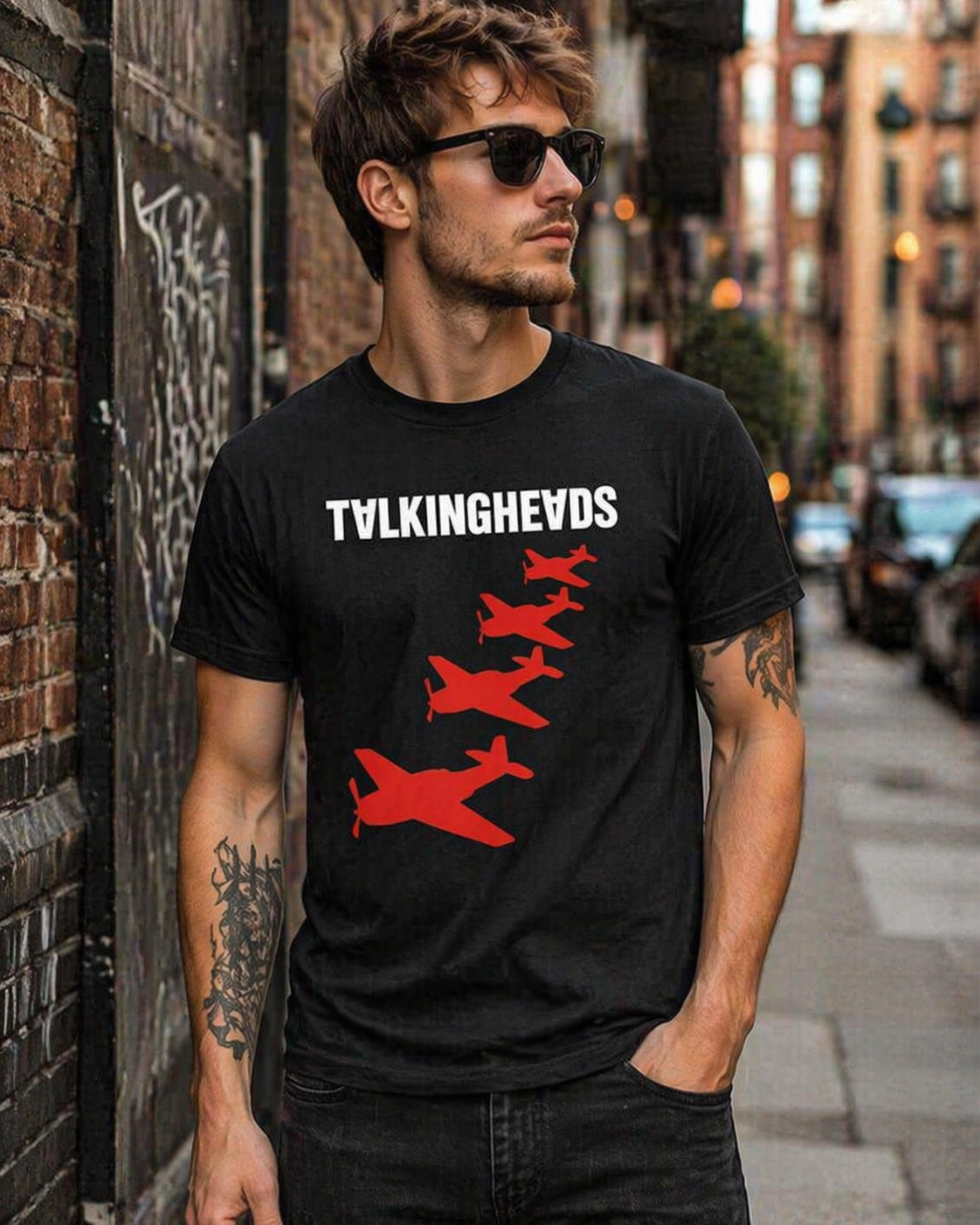Male model wearing Talking Heads 4 Planes black t-shirt with red airplane graphic street style