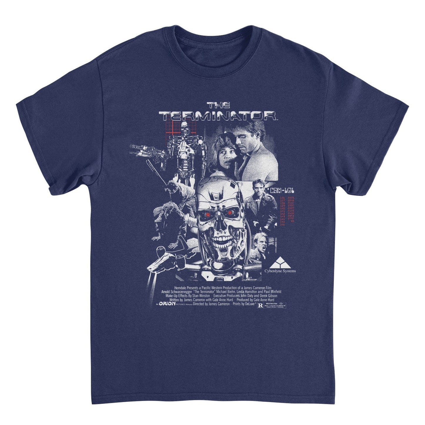 Terminator collage t shirt featuring T-800 endoskeleton and Cyberdyne Systems movie scenes