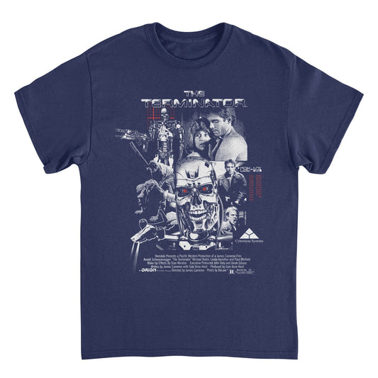 Terminator collage t shirt featuring T-800 endoskeleton and Cyberdyne Systems movie scenes