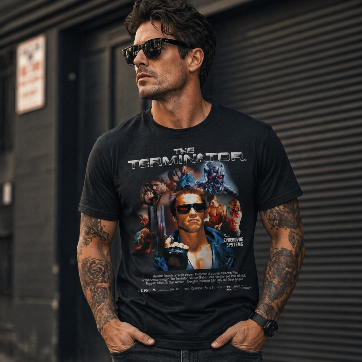 male model wearing Terminator Cyberdyne Systems t shirt black sci fi movie graphic tee streetwear style
