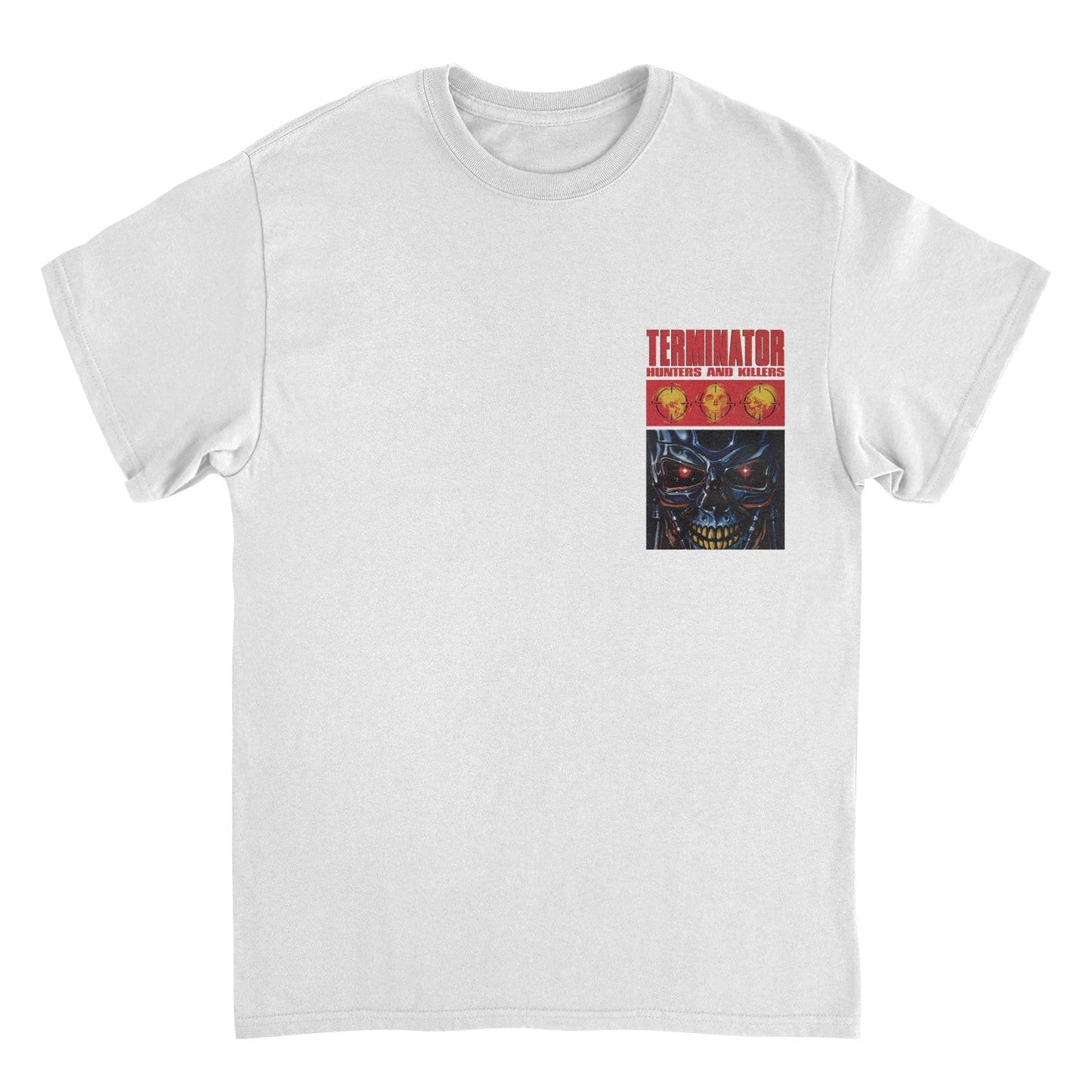 Terminator Hunters and Killers t shirt with T-800 endoskeleton chest graphic on white tee
