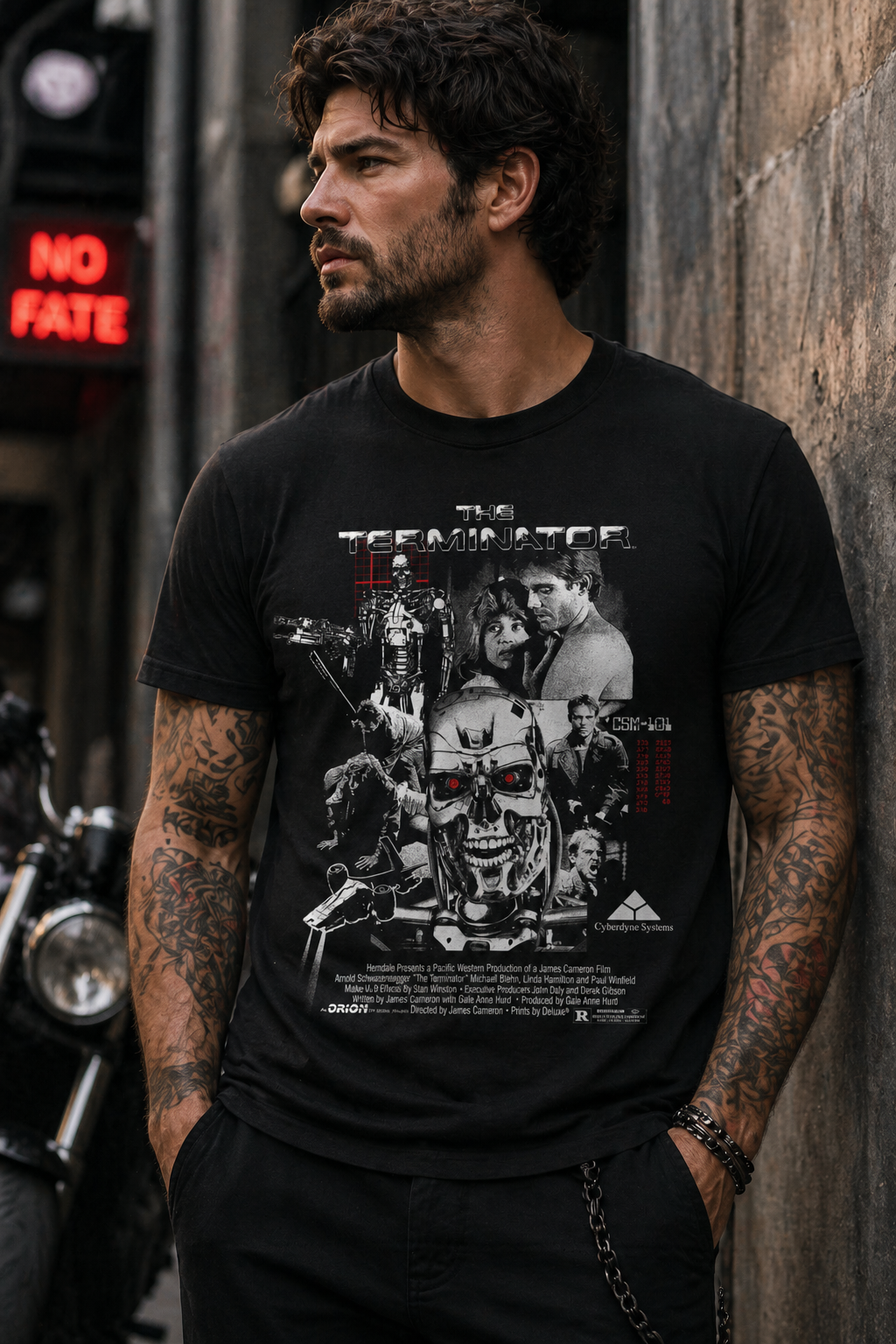 Male model wearing Terminator movie collage t shirt with T-800 skull design in urban setting with no fate sign