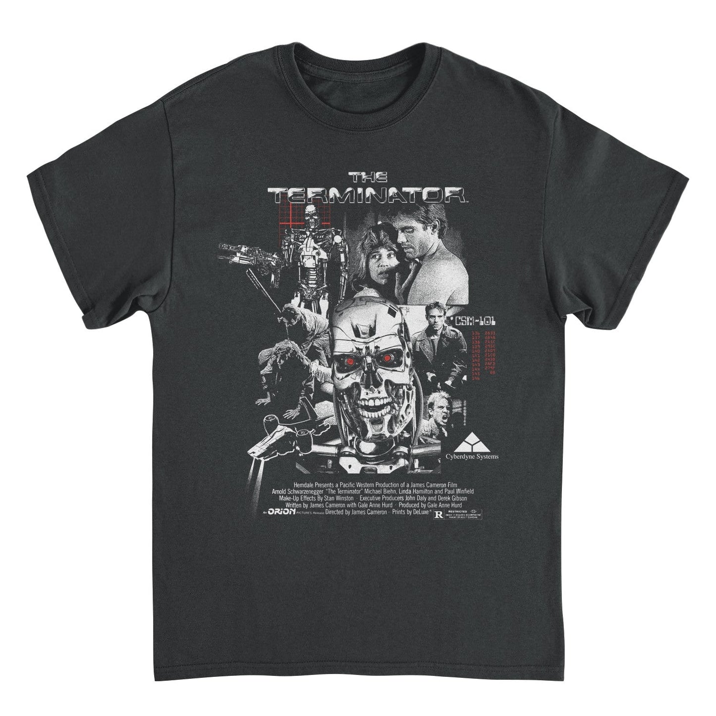 Terminator movie collage t shirt with T-800 skull and classic film scene graphics on black tee