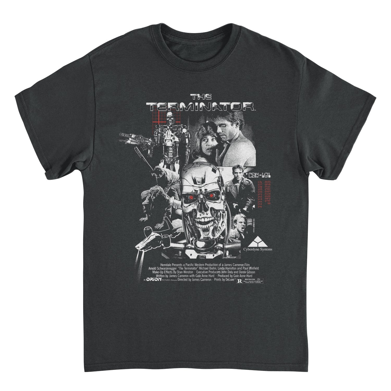 Terminator movie collage t shirt with T-800 skull and classic film scene graphics on black tee