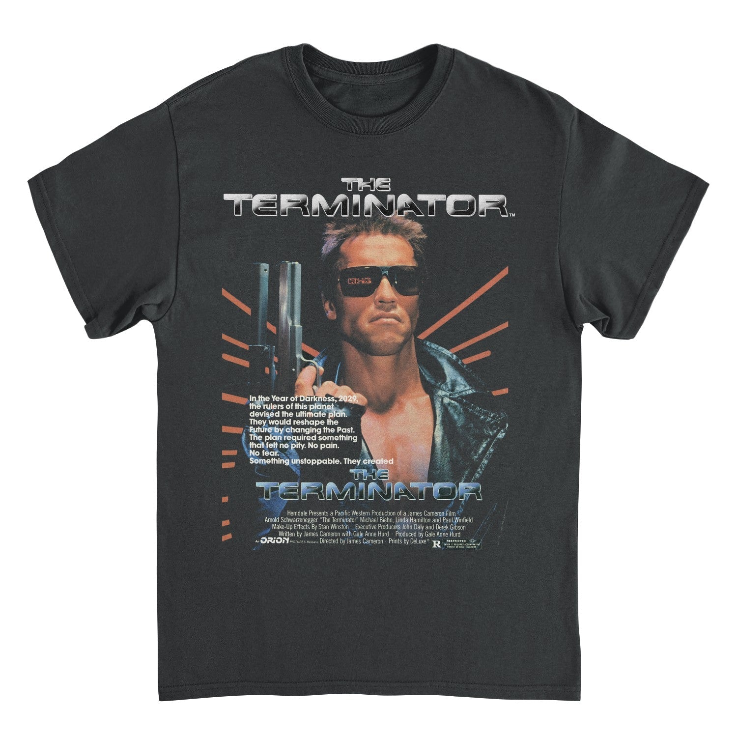 Black Terminator t shirt with Arnold Schwarzenegger T-800 wearing sunglasses holding gun movie poster design