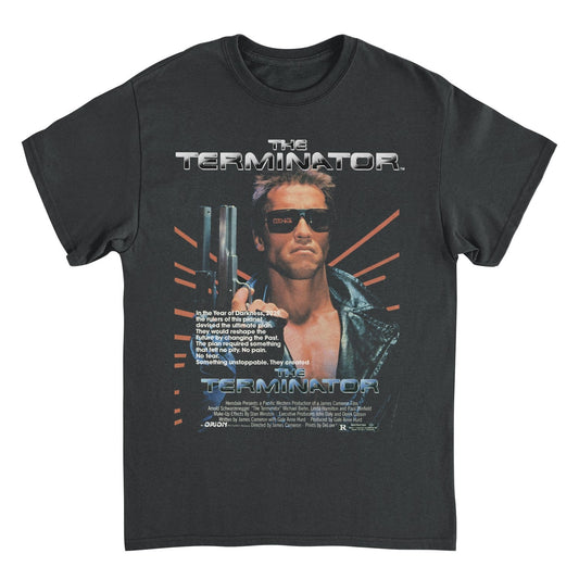 Black Terminator t shirt with Arnold Schwarzenegger T-800 wearing sunglasses holding gun movie poster design